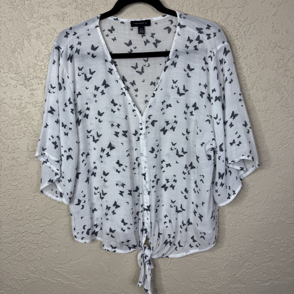 Tahari Butterfly Print Top Flutter Sleeve Tie Front Womens XL Coastal Fairy